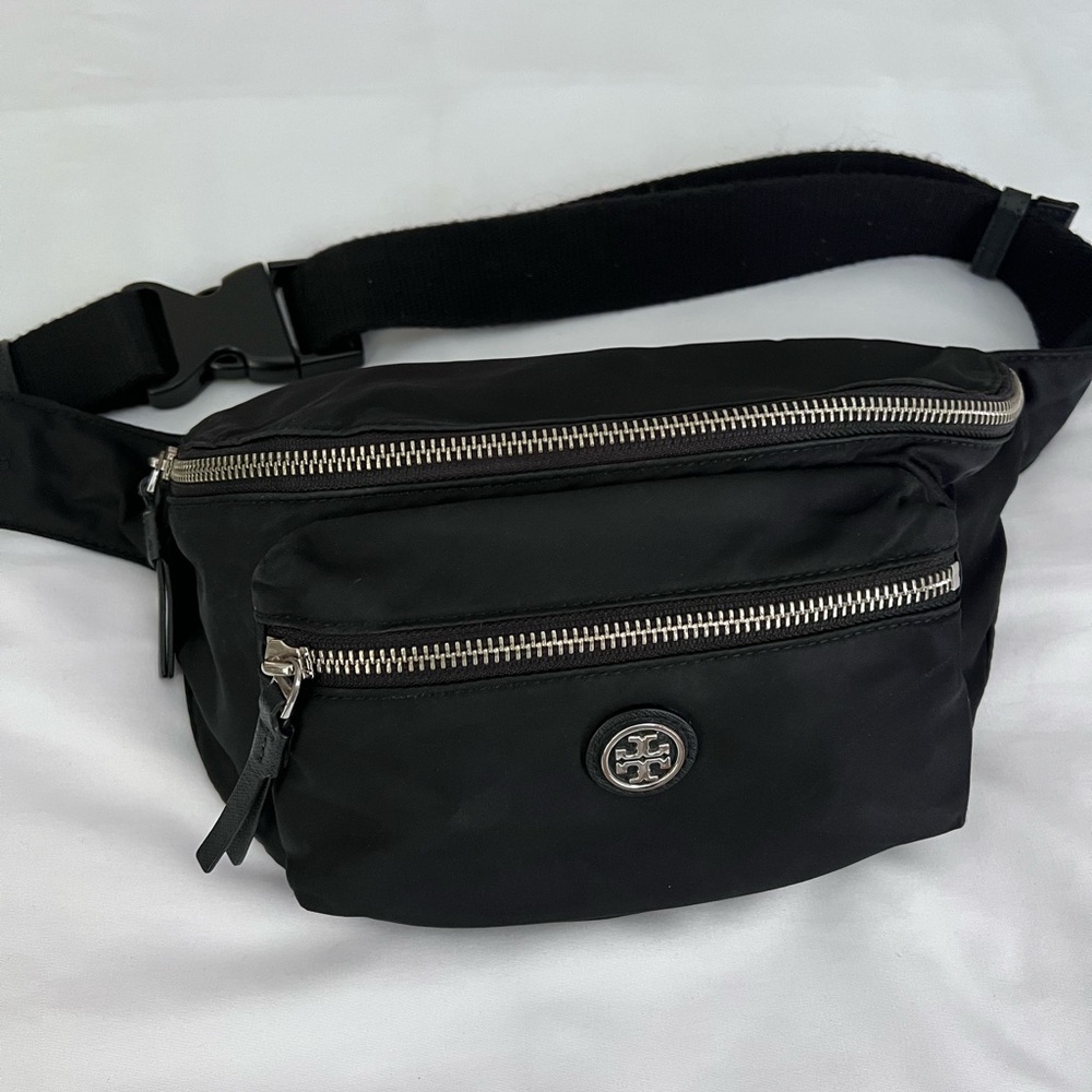 Tory Burch Black Nylon Belt Bag with Silver Hardware